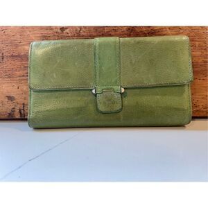 Fossil Vintage Trifold Green Leather Wallet Checkbook Pocket Pen ID Pocket